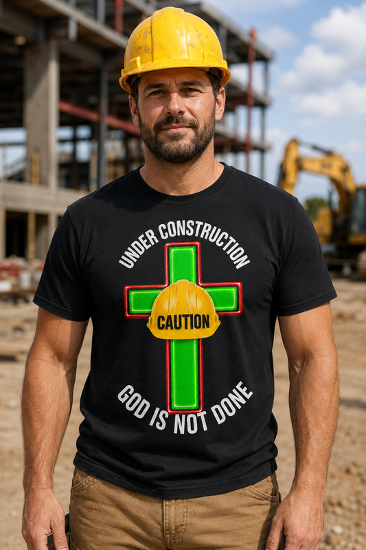 Under Construction Caution Cross T-Shirt | God Is Not Done Christian Tee