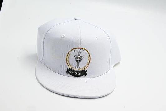 White cap with a logo on a white background