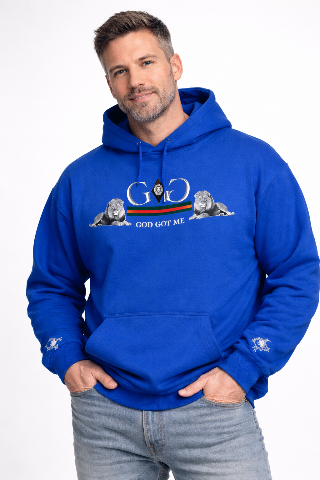 Man wearing a blue hoodie with a graphic design on a white background