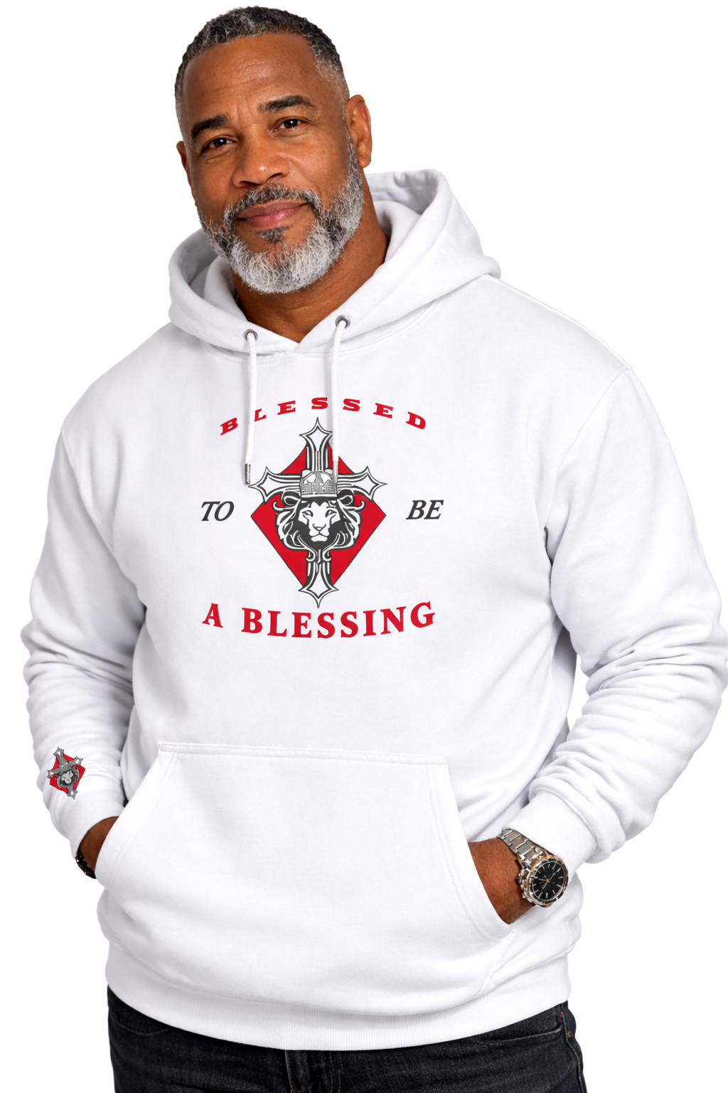 Man wearing a white hoodie with a red and black graphic design on a white background