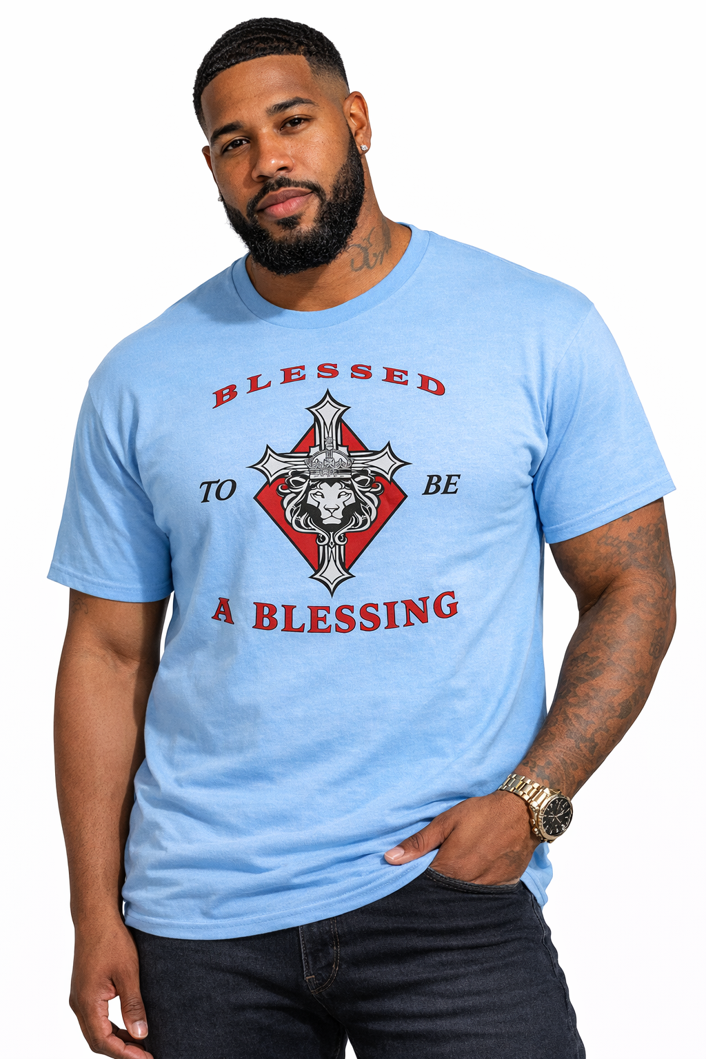 Man wearing a light blue t-shirt with a graphic design and text on a white background