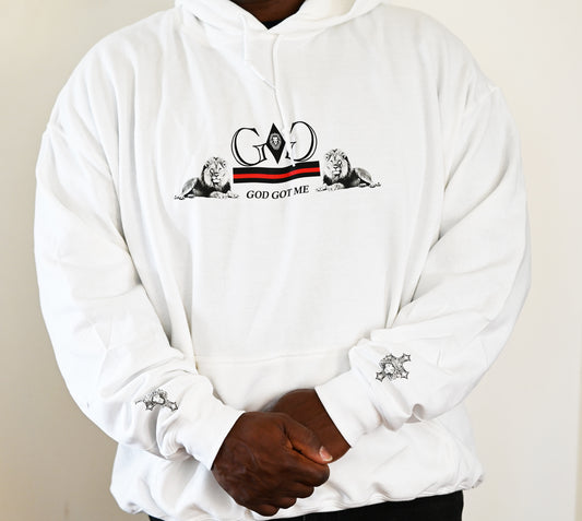 White hoodie with 'GOD GOT ME' graphic design on a plain background