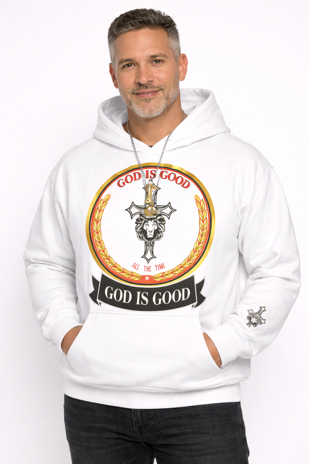 Man wearing a white hoodie with 'God is Good' design on a white background