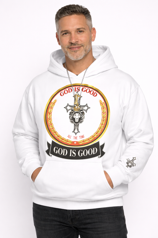 Man wearing a white hoodie with 'God is Good' design on a white background