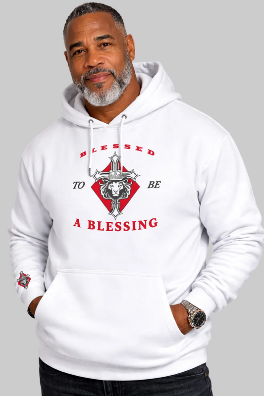 Man wearing a white hoodie with a red and black graphic design on a white background
