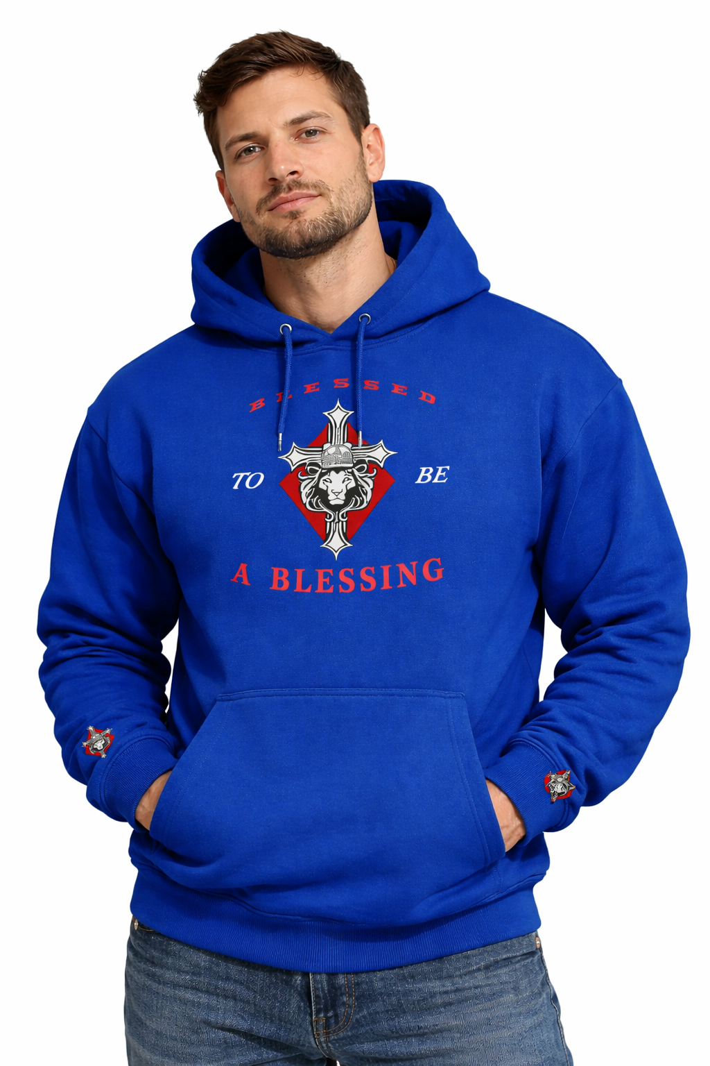 Man wearing a blue hoodie with a graphic design and text on a white background