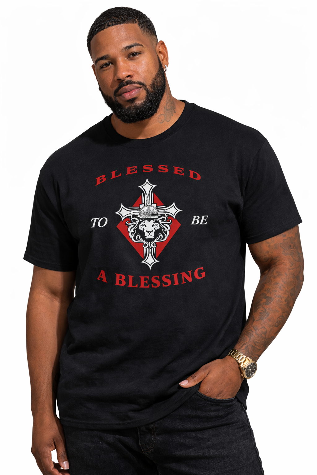 Man wearing a black t-shirt with a graphic design and text on a white background