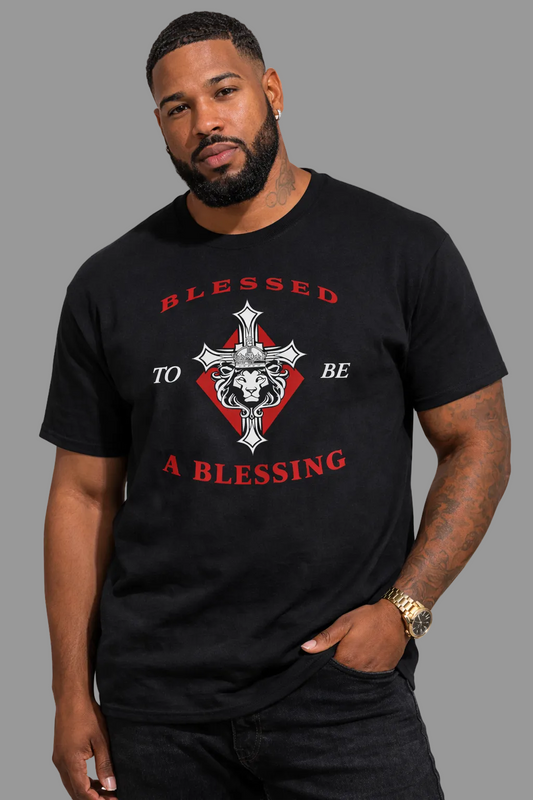 Man wearing a black t-shirt with a graphic design and text on a white background