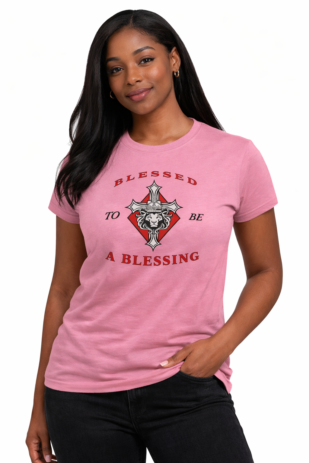 young lady wearing a blessed to be a blessing Tee Shirt